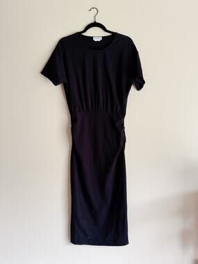 Lovers + Friends Black Short Sleeve Side Gathering Midi Dress Medium Made in USA